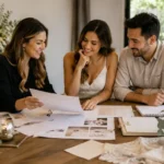 Wedding planner meeting with a California couple to review wedding designs, flowers, stationery, and event details.