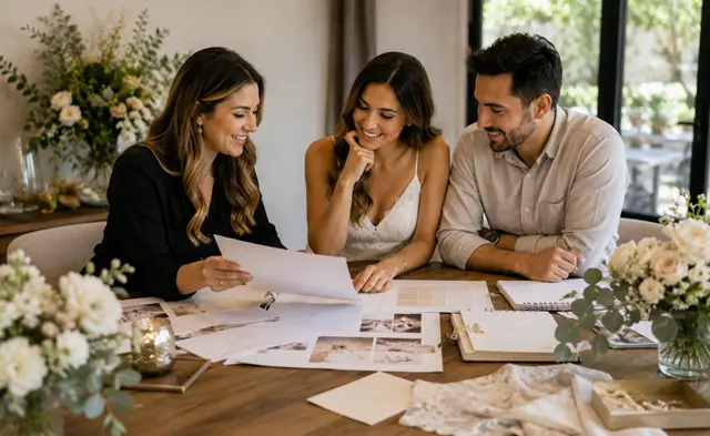Wedding planner meeting with a California couple to review wedding designs, flowers, stationery, and event details.