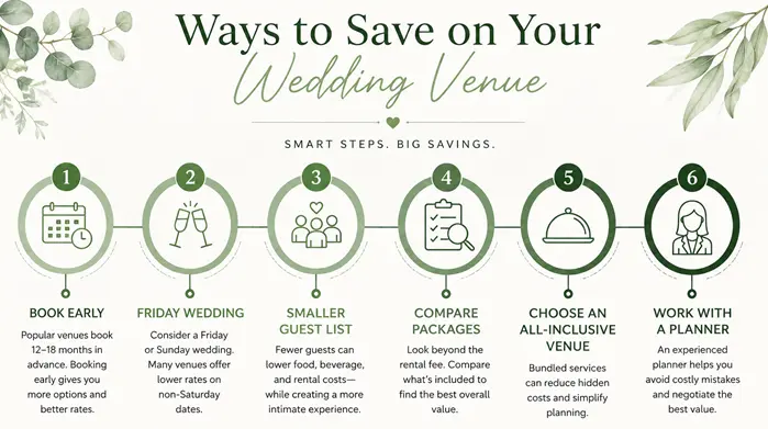 Infographic featuring six ways to save on your wedding venue, including booking early, choosing a Friday wedding, keeping a smaller guest list, comparing venue packages, selecting an all-inclusive venue, and hiring a wedding planner.