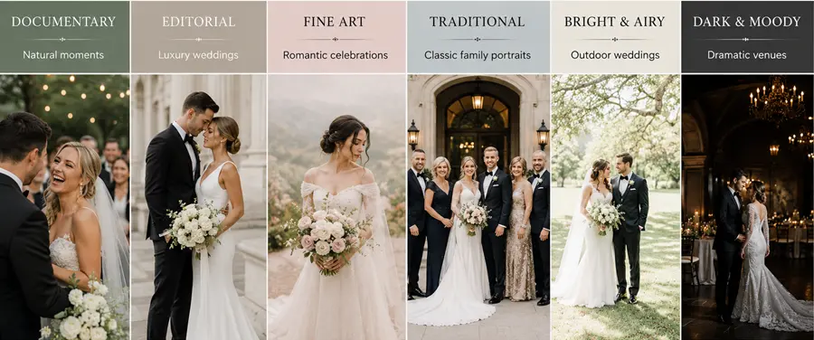 Infographic comparing popular wedding photography styles including documentary, editorial, fine art, traditional, bright and airy, and dark and moody with example wedding portraits.