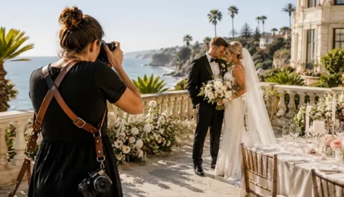 Professional wedding photographer capturing a bride and groom during a luxury beachfront wedding ceremony in San Diego, California.