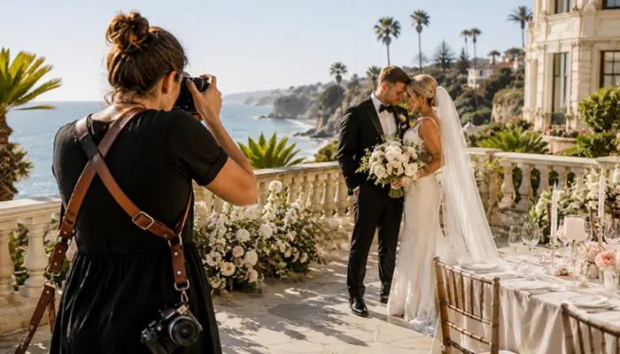 Professional wedding photographer capturing a bride and groom during a luxury beachfront wedding ceremony in San Diego, California.