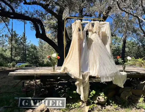 Elegant bridal wedding dresses hanging outdoors before the ceremony at a luxury San Diego wedding venue.