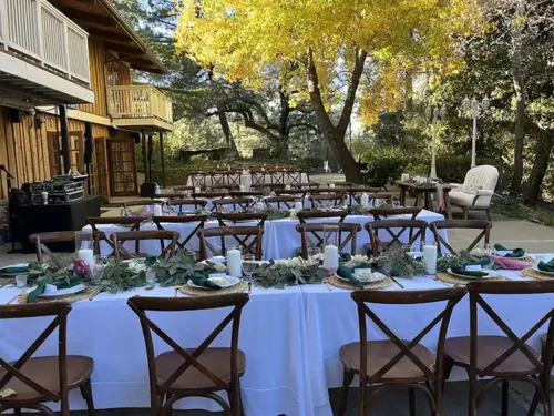 Elegant outdoor wedding reception with long banquet tables, greenery garlands, and luxury décor in Paso Robles, California.