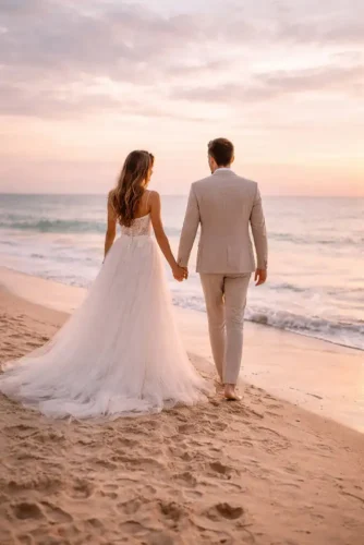 Bride and groom walking hand in hand on the beach at sunset during a romantic California wedding.
