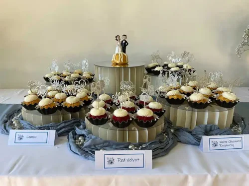 Wedding mini bundt cake dessert display with silver toppers for a luxury Malibu reception.