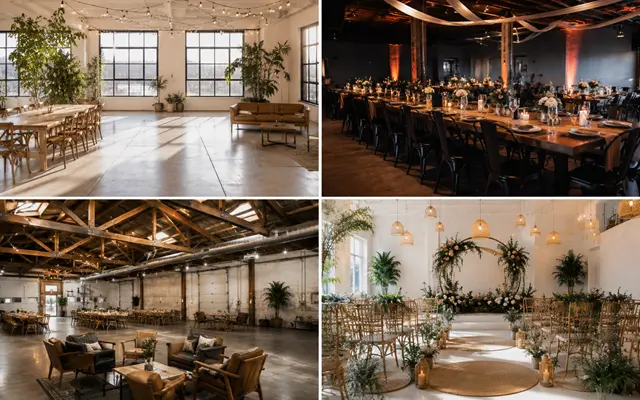 Collage of small downtown San Diego wedding venues featuring modern lofts, industrial event spaces, elegant reception halls, and intimate ceremony settings.