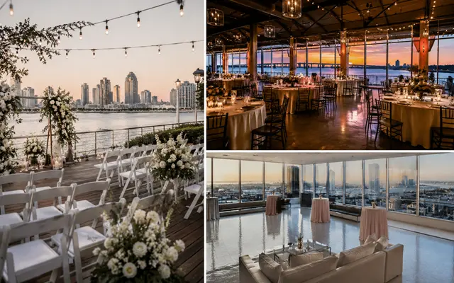 Collage of small waterfront and skyline wedding venues in San Diego featuring a bayfront ceremony, elegant waterfront reception, and modern rooftop event space.