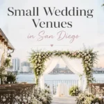 Elegant small wedding venue in San Diego with waterfront views, floral wedding arch, wooden ceremony chairs, and romantic string lighting.