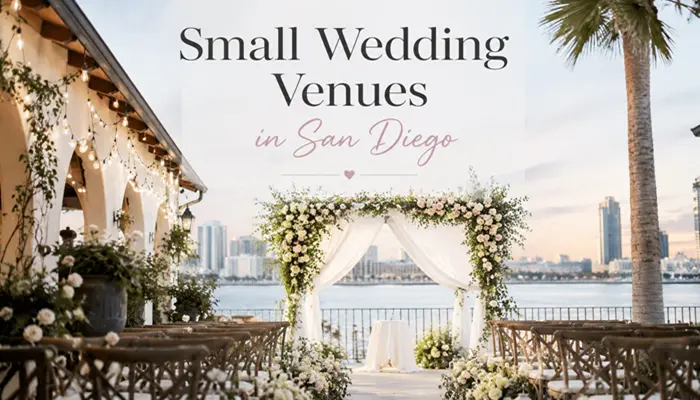 Elegant small wedding venue in San Diego with waterfront views, floral wedding arch, wooden ceremony chairs, and romantic string lighting.