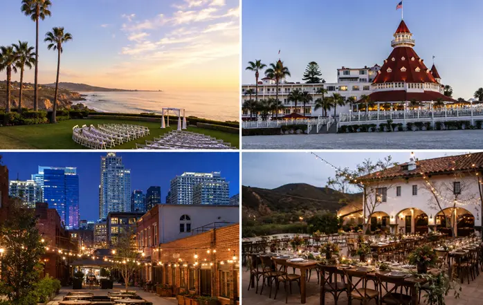 San Diego wedding venues featuring three elegant wedding locations with coastal, garden, and luxury settings