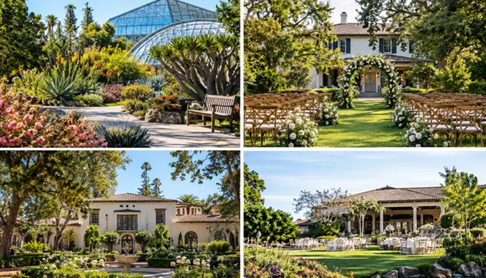 Garden wedding venues in San Diego featuring lush botanical gardens, estate lawns, historic architecture, and elegant outdoor wedding settings