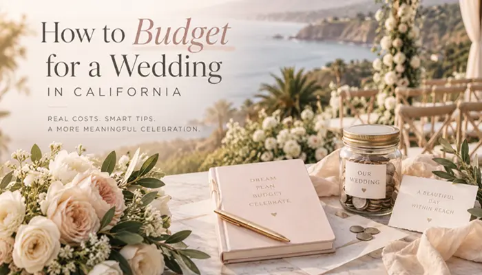 How to budget for a wedding in California with a coastal wedding setting, floral arrangements, and a wedding budget planner