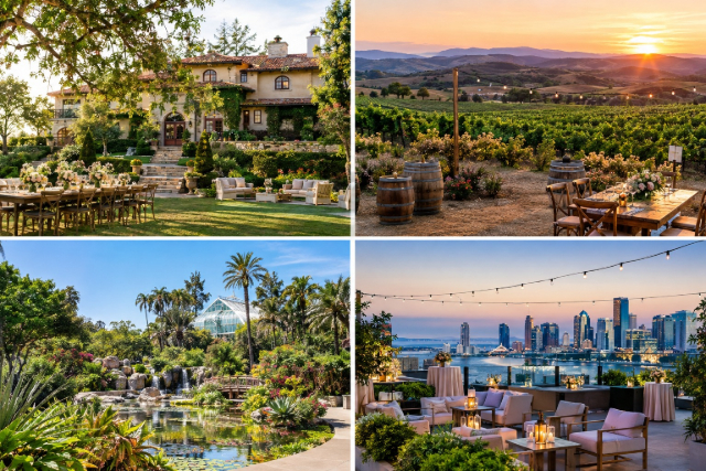 California wedding venues featuring an estate, vineyard, garden, and waterfront setting