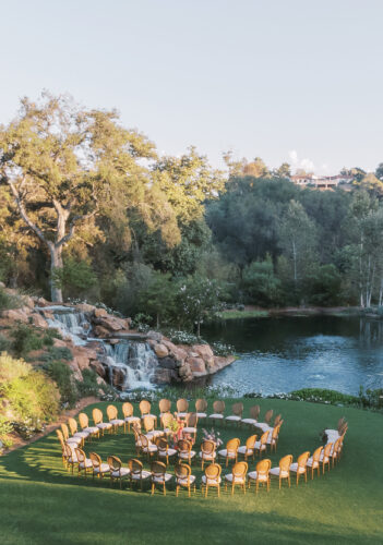 Vineyard wedding ceremony surrounded by grapevines and garden scenery