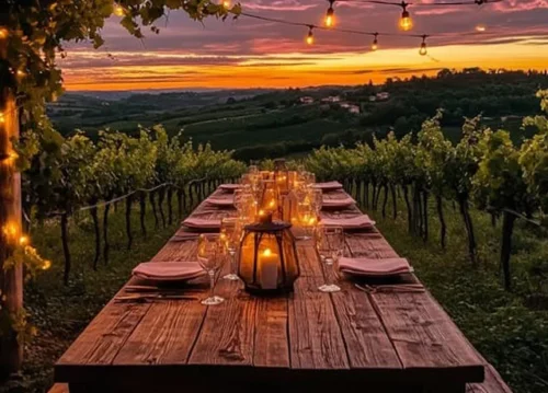 Vineyard wedding with grapevines, rustic tables, wine barrels, and sunset