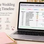 Complete wedding planning timeline dashboard on a laptop with Butterfly Soiree branding for San Diego weddings.