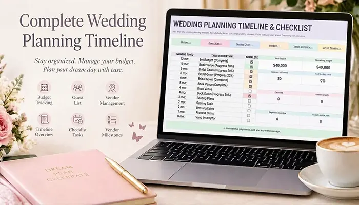 Complete wedding planning timeline dashboard on a laptop with Butterfly Soiree branding for San Diego weddings.