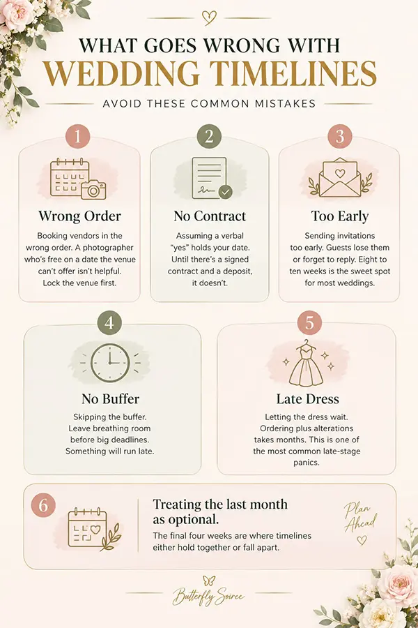 Infographic by Butterfly Soiree outlining 6 common wedding timeline mistakes, including booking vendors out of order and omitting buffers.