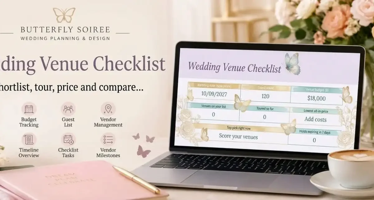 Laptop displaying the Butterfly Soirée wedding venue checklist planner with budget tracking, surrounded by floral arrangements and a coffee cup.