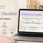 Laptop displaying the Butterfly Soirée wedding venue checklist planner with budget tracking, surrounded by floral arrangements and a coffee cup.