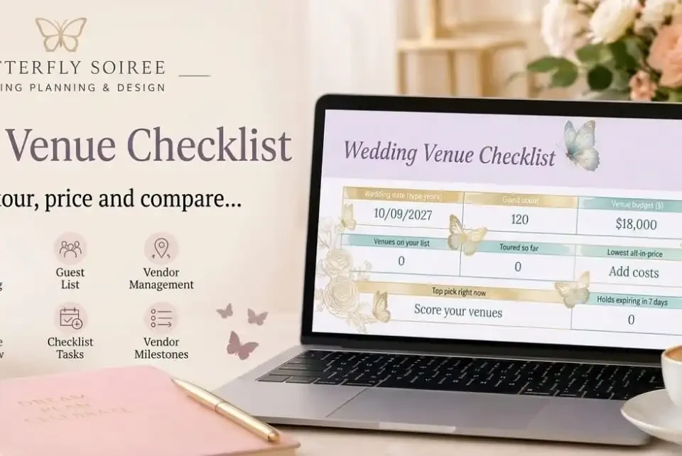 Laptop displaying the Butterfly Soirée wedding venue checklist planner with budget tracking, surrounded by floral arrangements and a coffee cup.