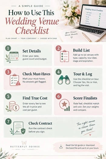 Wedding venue checklist infographic showing how to compare venues, tour spaces, calculate costs and review contracts