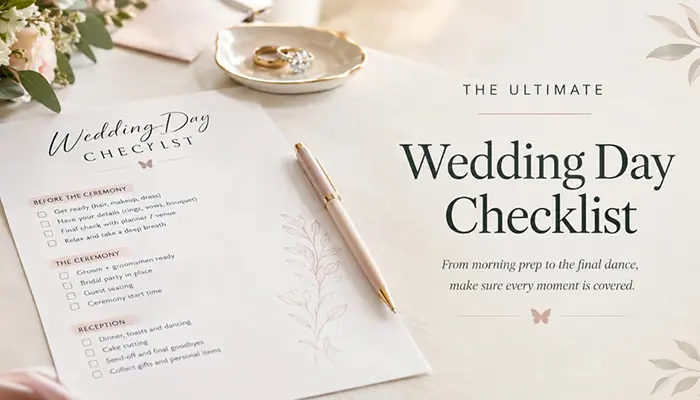 Printable ultimate wedding day checklist lying on a desk next to wedding rings and a pen.