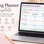 Wedding planner template for managing wedding budget, guests, vendors, seating and timeline