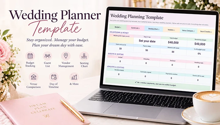 Wedding planner template for managing wedding budget, guests, vendors, seating and timeline