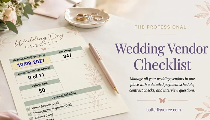 Professional wedding vendor checklist dashboard featuring a countdown, contract status, and payment schedule from Butterfly Soiree