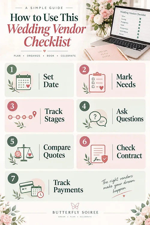 Wedding vendor checklist showing seven steps for planning, comparing and booking wedding vendors